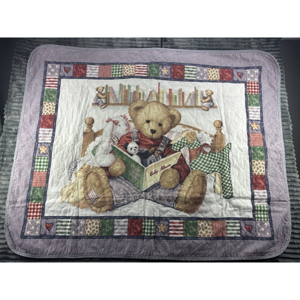Blue Jean Teddy Crib Quilt Baby Blanket Wall Hanging 49x40" Handmade Machine Sew